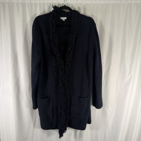 J. Jill Sweaters - J Jill Cardigan Women's Large Blue Fringe Trim Hook Eye Front Long Sleeve